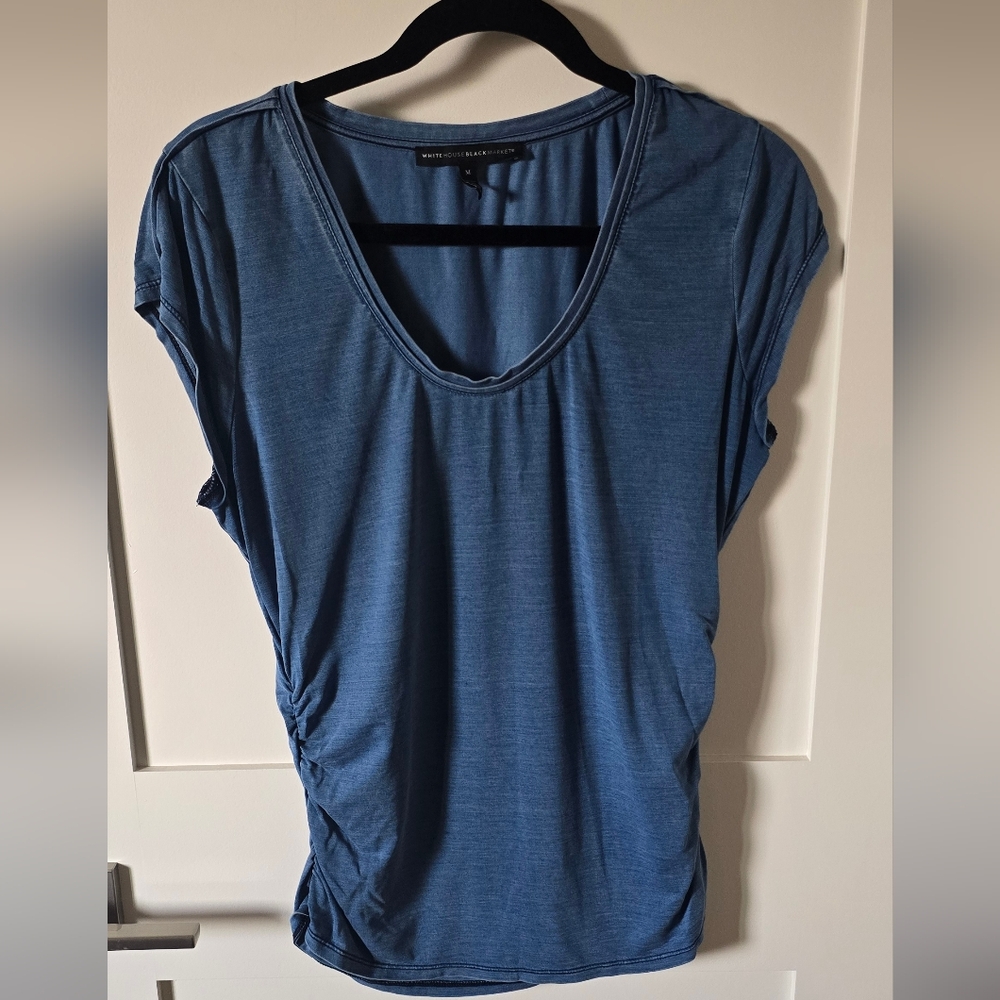 White House Black Market Blue Scoop Neck Ruched Tank Top